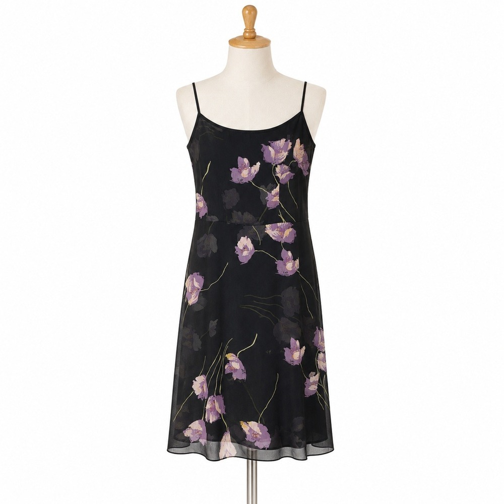 Ann Taylor Petites Wom 8P Black Purple Silk Floral Chiffon Midi Dress 64-140338